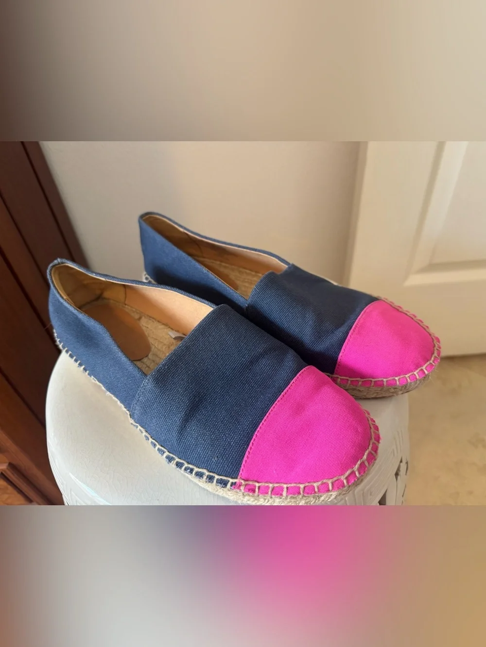 J. Crew Navy Canvas Espadrilles with Pink Toe Caps